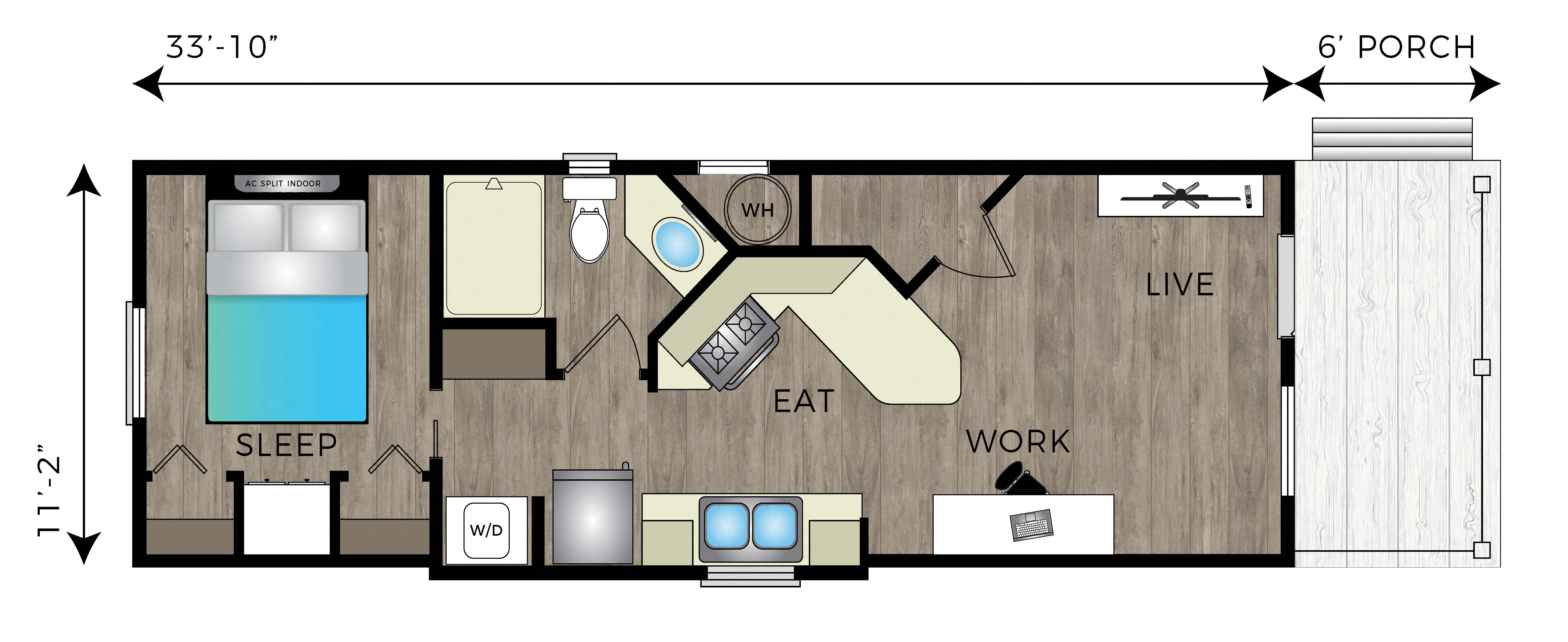 Floor plan for 1 bed, 1 bath, 378 sqft